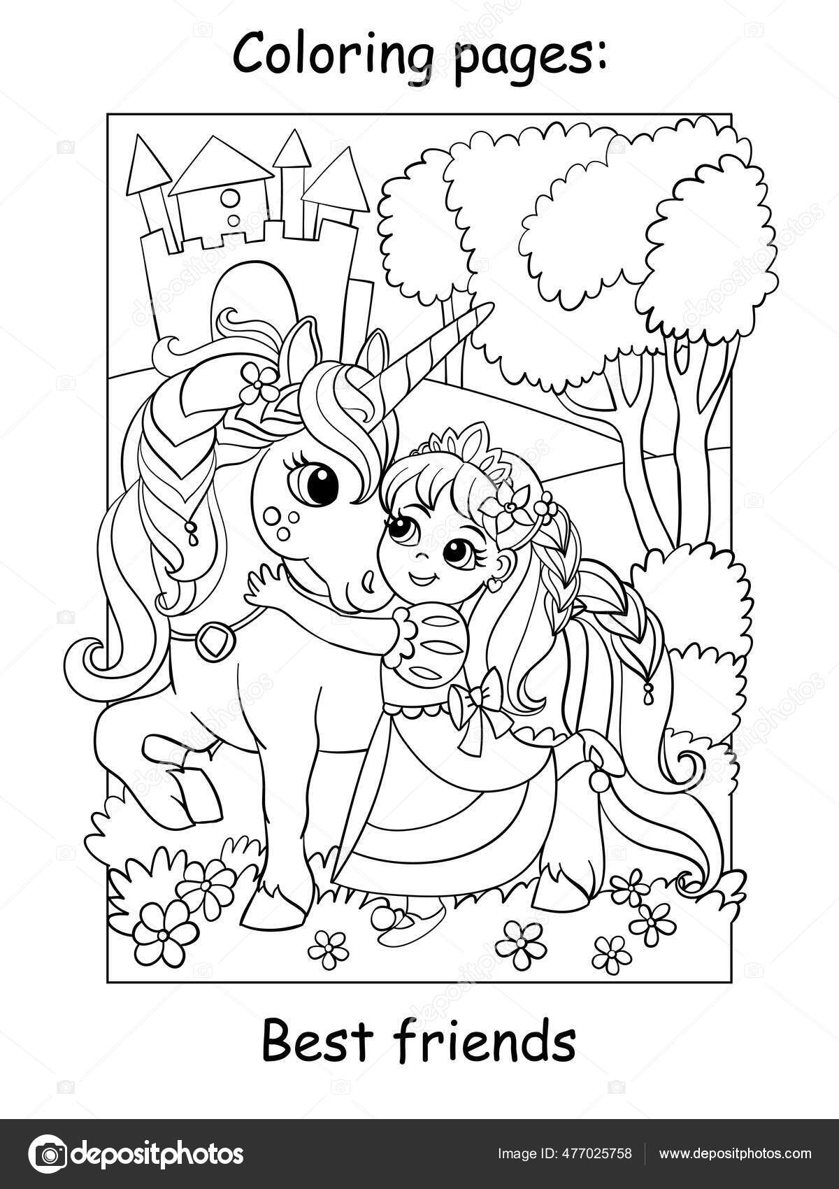 A princesa está montando um unicórnio página do livro de colorir para  crianças personagem de desenho animado ilustração vetorial isolada no fundo  branco