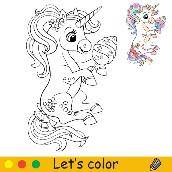 Dibujos animados lindo unicornio sentado con algodón de azúcar para colorear — Vector de stock