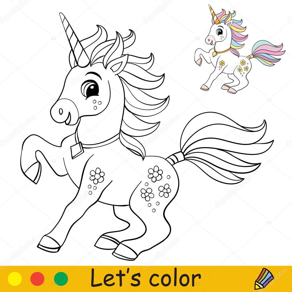 Cartoon cute and funny frolicking unicorn coloring