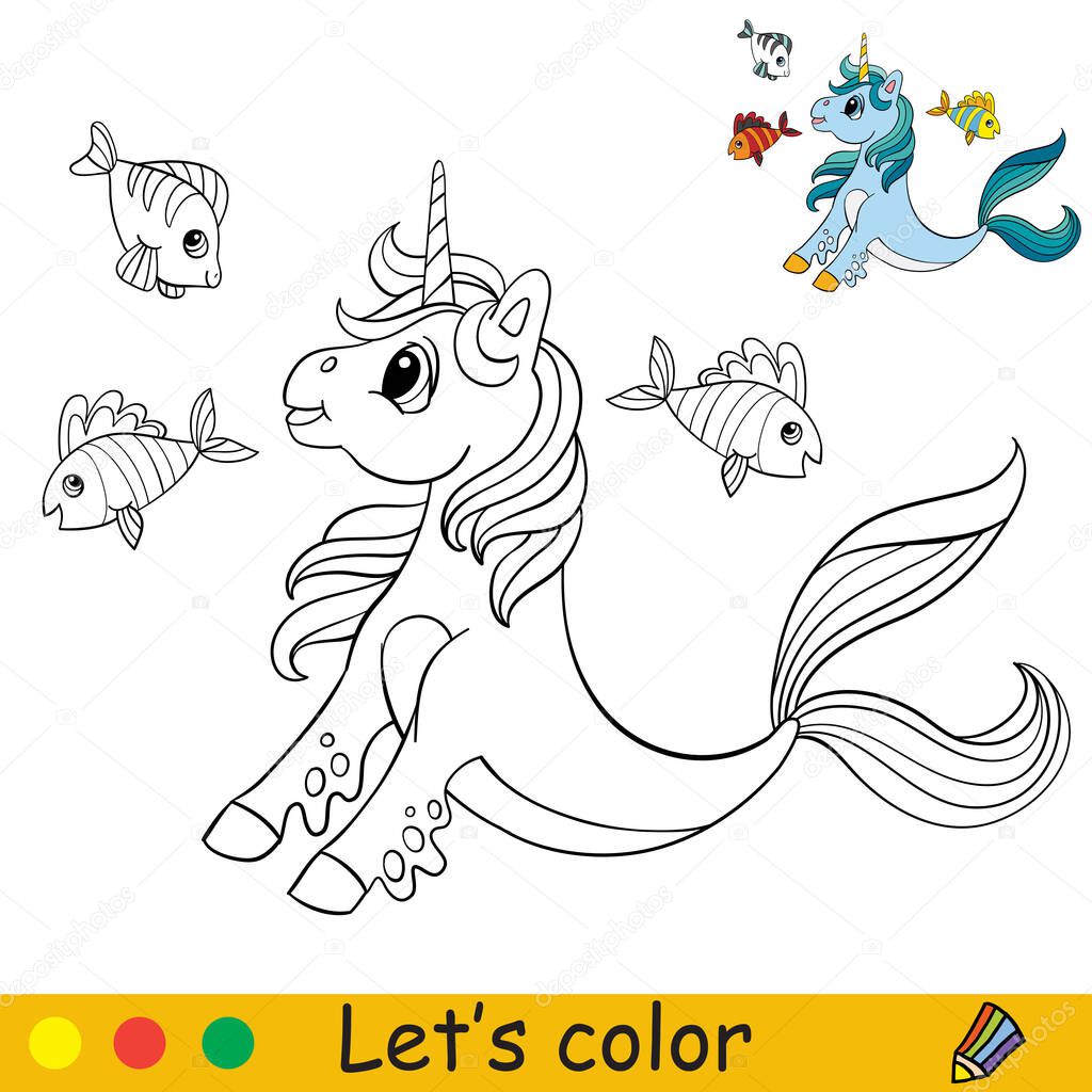 Cartoon cute sea unicorn with fishes coloring