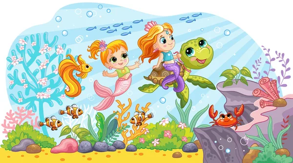 Horizontal Background Underwater World Childrens Style Cute Mermaid Riding Turtle — ストックベクタ