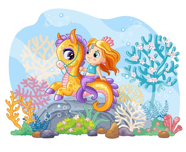Background Underwater World Childrens Style Cute Mermaid Riding Magical Seahorse — ストックベクタ