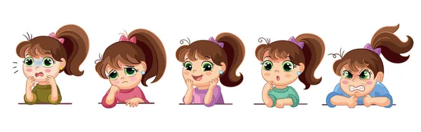 Set Different Emotions Cute Girl Vector Illustration Cartoon Character Vector — Stok Vektör