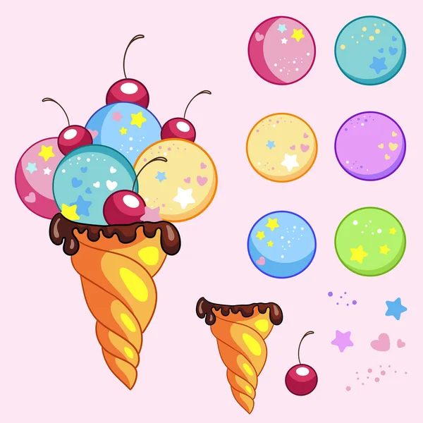 Cute Tasty Ice Cream Cone Creator Set Includes Waffle Cone — Image vectorielle