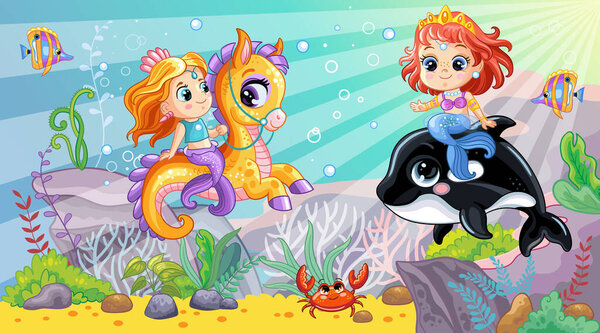 Horizontal background with underwater world in a childrens style. Cute mermaids riding an orca and a seahorse. Vector illustration. For t-shirt, print and design, poster, card,sticker, decor,apparel