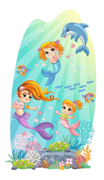 Vertical Background Underwater World Childrens Style Cute Baby Mermaids Play — Stockový vektor