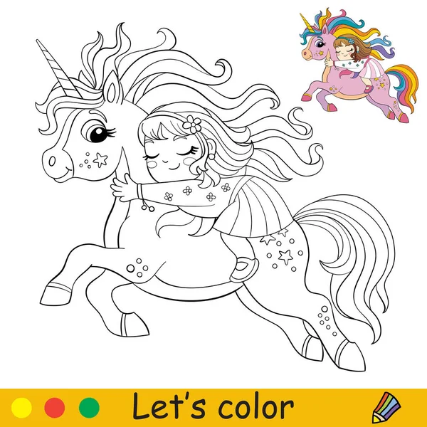 Linda Niña Duerme Espalda Unicornio Corriendo Página Libro Para Colorear — Vector de stock
