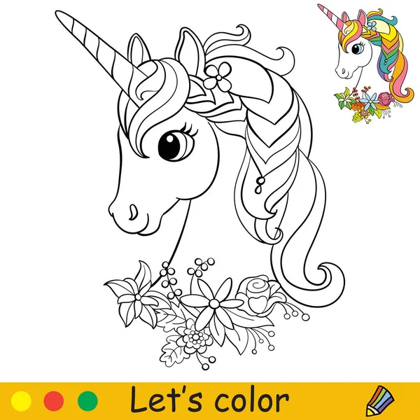 Cartone Animato Carino Unicorno Con Una Corona Fiori Intorno Collo — Vettoriale Stock