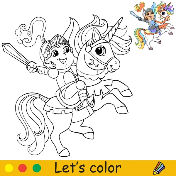 Bonito Caballero Con Armadura Montando Unicornio Página Libro Para Colorear — Vector de stock