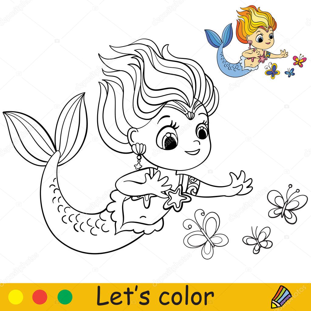 Cute little mermaid look at beautiful butterflies. Coloring book page with colorful template for kids. Vector isolated illustration. For coloring book, print, game, party, design