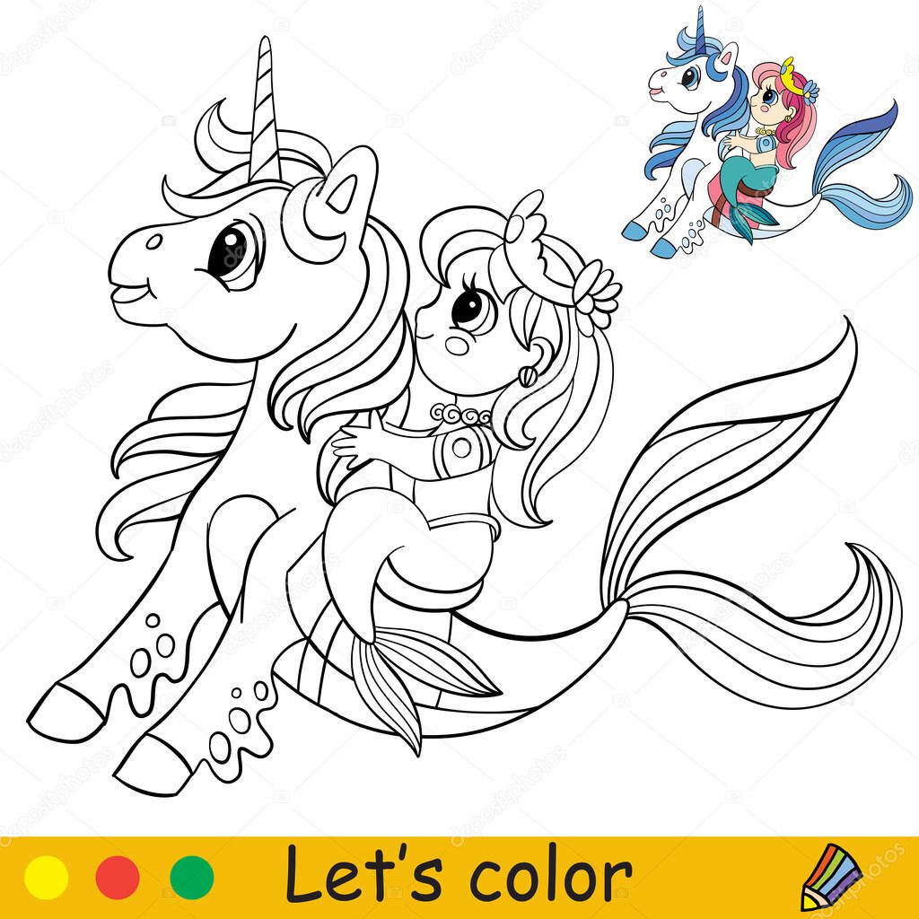 Cute little mermaid riding a magical sea unicorn. Coloring book page with colorful template for kids. Vector isolated illustration. For coloring book, print, game, party, design