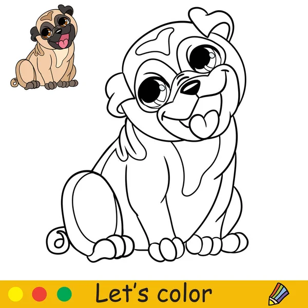 Słodkie Małe Siedzenie Uśmiechnięty Pies Mops Kolorowanki Strony Książki Kolorowym — Wektor stockowy