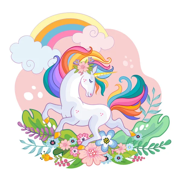 Mignon Caractère Licorne Blanche Avec Arc Ciel Fleurs Personnage Bande — Image vectorielle