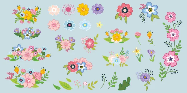 잎사귀와 꽃다발들이 어린이 스타일의 귀여운 요소들 독자적 디자인 포스터 초대장 — 스톡 벡터