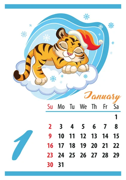 Kalendarz Ścienny Rok 2022 Styczeń Słodki Kreskówkowy Tygrys Śpi Chmurze — Wektor stockowy