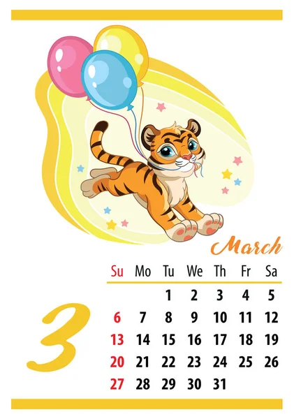 Wall Calendar 2022 March Cute Cartoon Tiger Cub Runs Balloons — Stock Vector