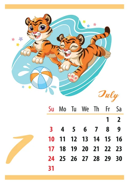 Calendário Parede Para 2022 Julho Tigres Desenhos Animados Bonitos Jogar — Vetor de Stock