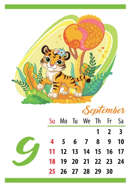 Calendario Pared Para 2022 Septiembre Lindo Tigre Dibujos Animados Bosque — Vector de stock