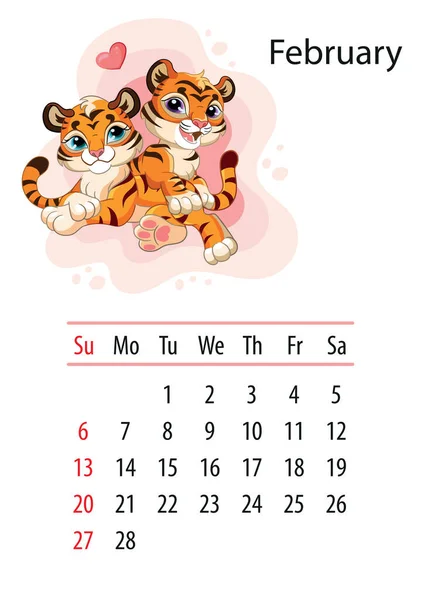 Wall Calendar Design Template February 2022 Year Tiger According Chinese — Stock Vector