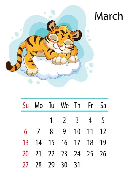 Wall Calendar Design Template March 2022 Year Tiger According Chinese — Stock Vector