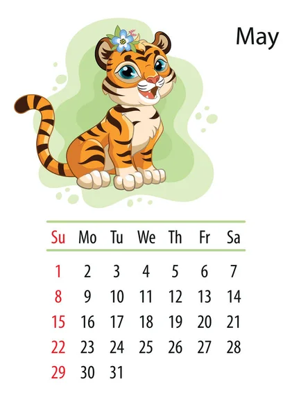 Wall Calendar Design Template May 2022 Year Tiger According Chinese — Stock Vector