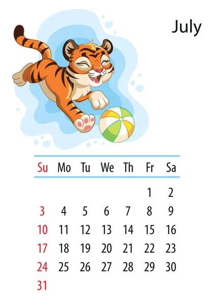 Wall Calendar Design Template July 2022 Year Tiger According Chinese — Stock Vector