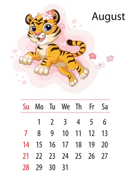 Wall Calendar Design Template August 2022 Year Tiger According Chinese — Stock Vector