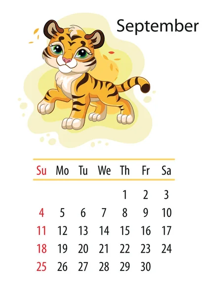 Wall Calendar Design Template September 2022 Year Tiger According Chinese — Stock Vector