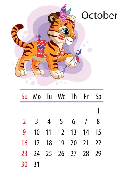Wall Calendar Design Template October 2022 Year Tiger According Chinese — Stock Vector