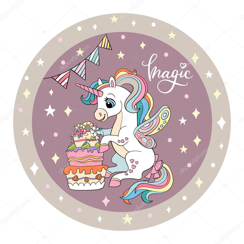 Cute white unicorn is sitting next to a large cake. Vector illustration circle shape. Birthday concept. For party, print, baby shower, design, decor, dishes, bed linen and kids apparel