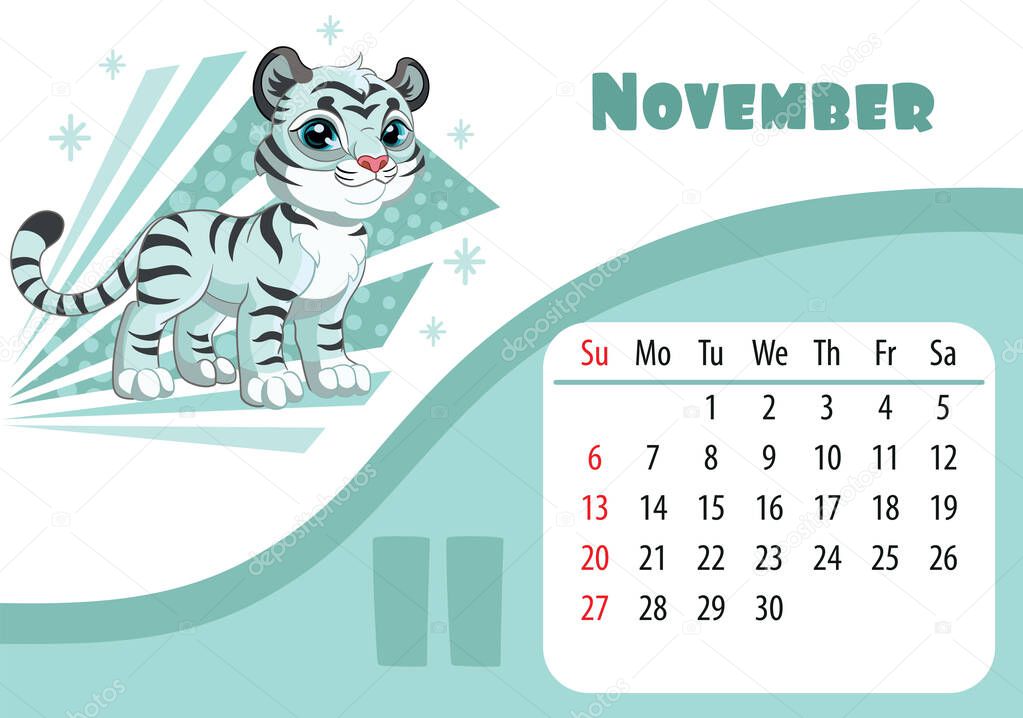 Horizontal desktop childrens calendar design for november 2022, the year of the Tiger in the Chinese calendar. Cute standing tiger character with snowflakes. Vector illustration. Week start in Sunday