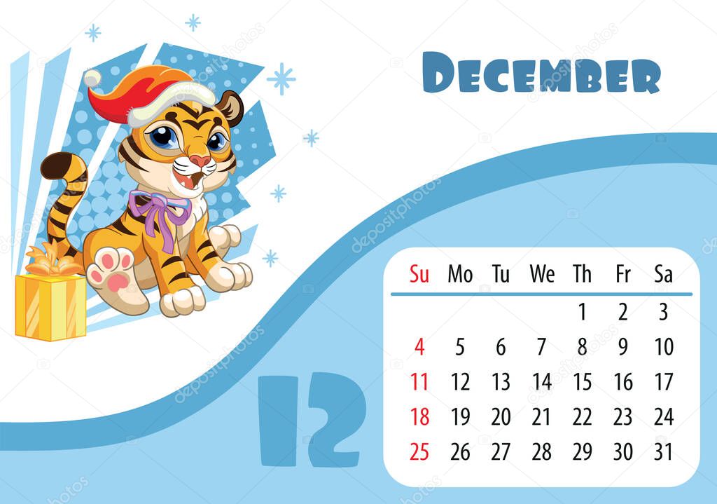 Horizontal desktop childrens calendar design for December 2022, the year of the Tiger in the Chinese calendar. Cute tiger cub with snowflakes and presents. Vector illustration. Week start in Sunday.