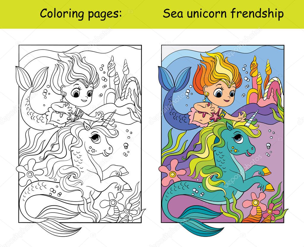 Coloring and color swimming unicorn and mermaid