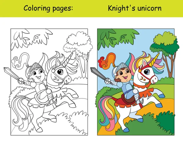 Colorazione e colore cavaliere cavalcando un unicorno — Vettoriale Stock