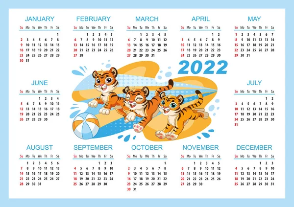 Cute tiger horizontal wall calendar template 2022 vector blue — Stock Vector