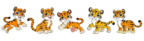 Set van vijf leuke cartoon tijger welpen vector illustratie — Stockvector