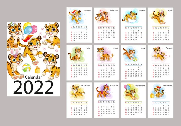 2022 Вертикальный календарь с симпатичным вектором мультяшных тигров — стоковый вектор