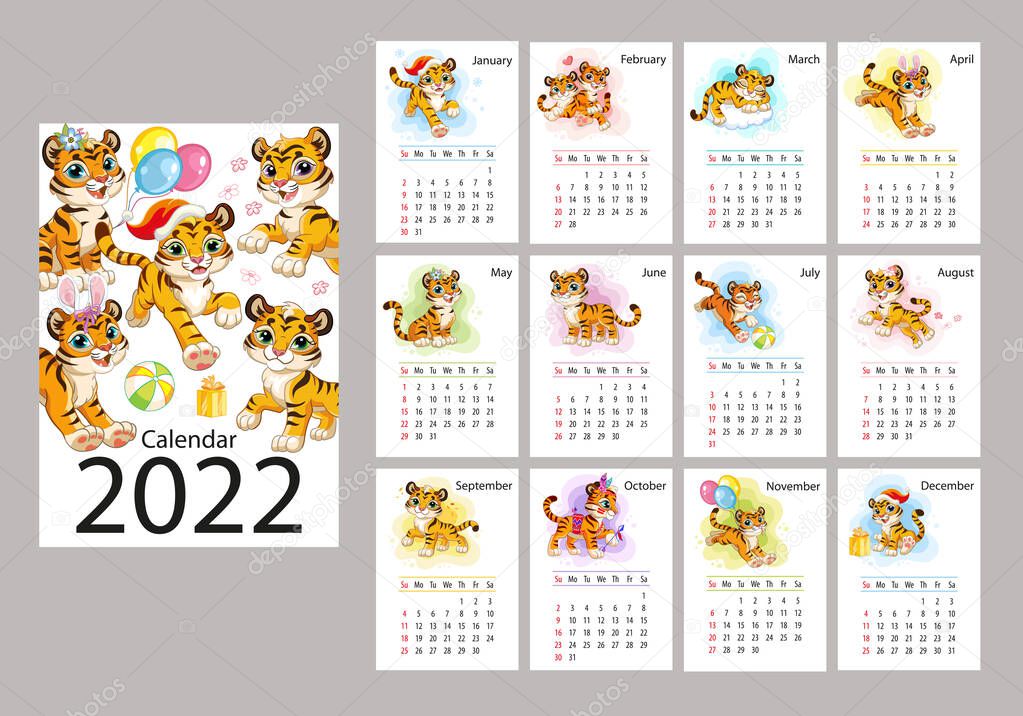 2022 Vertical calendar design with cute cartoon tigers vector