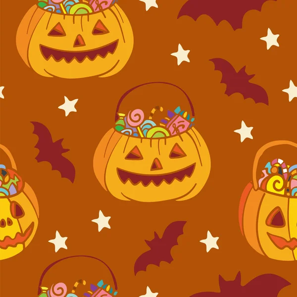 Padrão sem costura vetorial para Halloween com abóboras e morcegos —  Vetores de Stock
