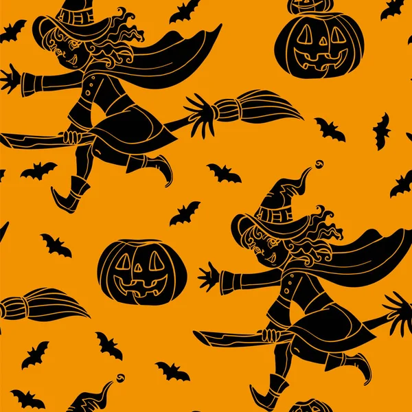 Padrão sem costura vetorial para Halloween com abóbora e bruxa —  Vetores de Stock