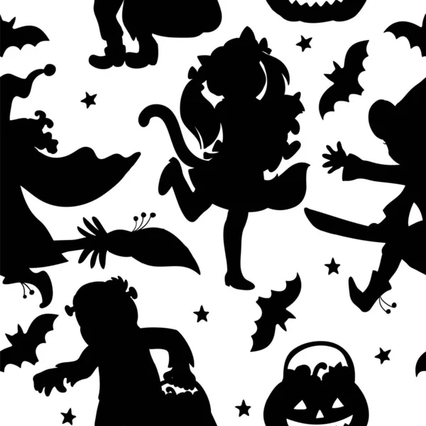 Modèle vectoriel sans couture avec silhouette d'enfants en costumes d'Halloween — Image vectorielle