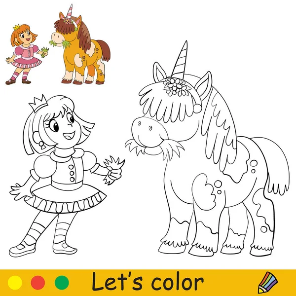 Princesa Linda Divertida Con Unicornio Concepto Halloween Página Libro Para — Vector de stock