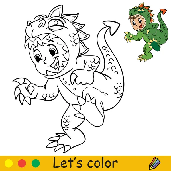 Chico Gracioso Disfrazado Dinosaurio Concepto Halloween Página Libro Para Colorear — Archivo Imágenes Vectoriales