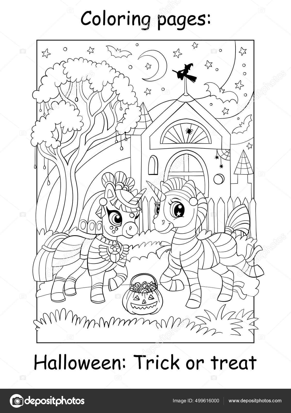 Conjunto de animais vetores em trajes de Halloween. Desenho para colorir  para crianças pré-escolares. Bonitos