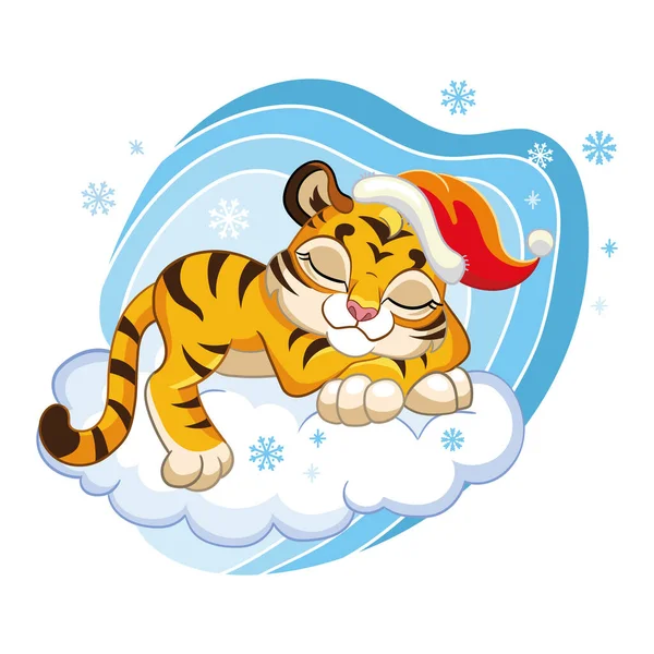 Cute Cartoon Charactercute Tiger Cub Sleeping Cloud Christmas Hat Snowflakes — Stock Vector