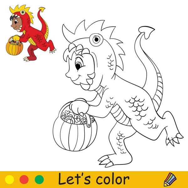 Chico Gracioso Disfrazado Dragón Concepto Halloween Página Libro Para Colorear — Archivo Imágenes Vectoriales