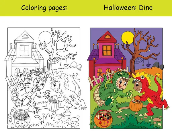 Des Garçons Drôles Costume Dinosaure Concept Halloween Coloriage Page Livre — Image vectorielle
