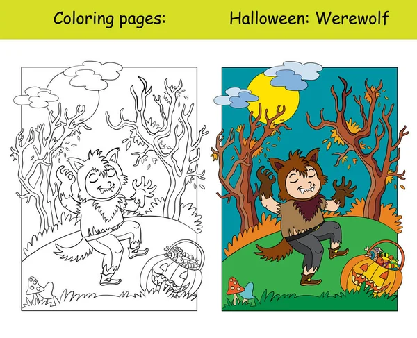 Grappige Jongen Weerwolfkostuum Eng Bos Halloween Concept Kleurboek Pagina Voor — Stockvector