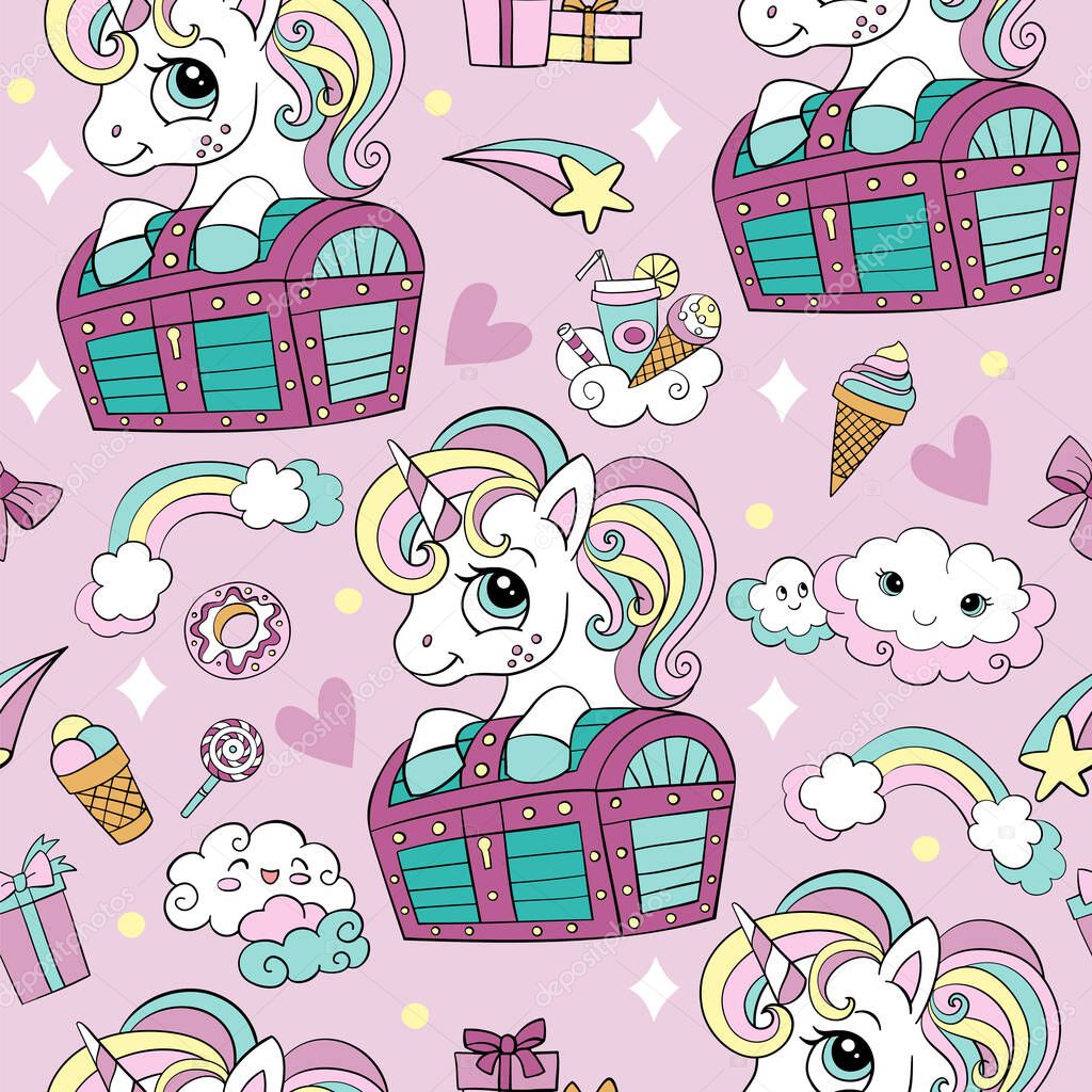 Seamless pattern with cute unicorn and chest, clouds, rainbow and sweets. Magic background with unicorns. Vector illustration in trendy colors. For design, print, decor, wallpaper, linen, textile.