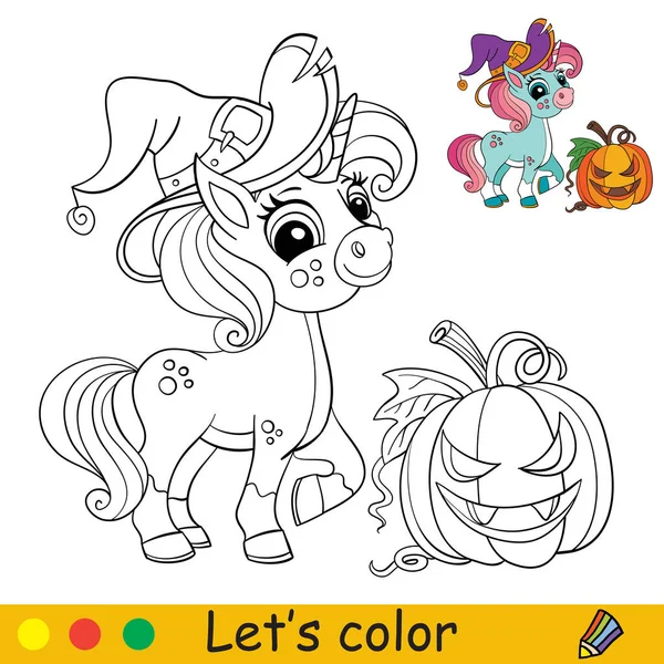 Bonita Bruja Unicornio Calabaza Concepto Halloween Libro Para Colorear Página — Vector de stock